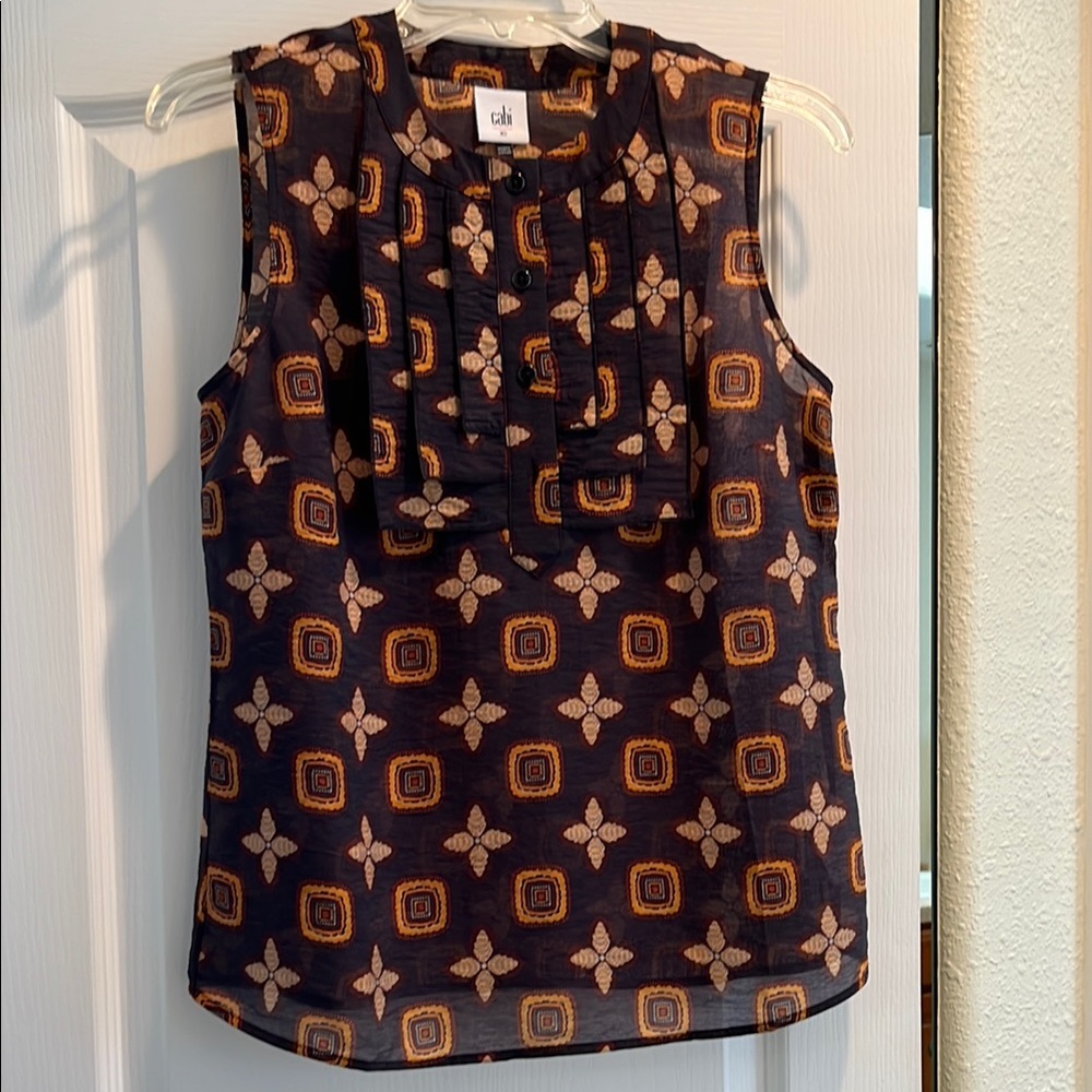 CAbi Black Orange Ruffled Bib Collar Blouse